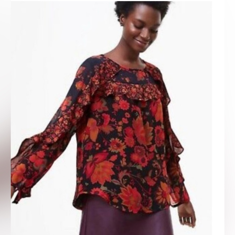 LOFT Vibrant Floral Blouse - Red and Black